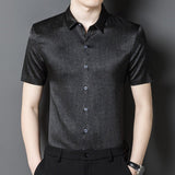 Mens Silk Shirts Short Sleeve Textured Pattern Silk Dress Shirt XS Black