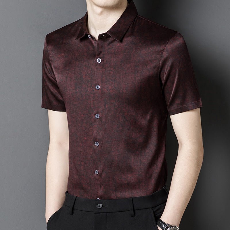 Mens Silk Shirts Short Sleeve Textured Pattern Silk Dress Shirt XS Red