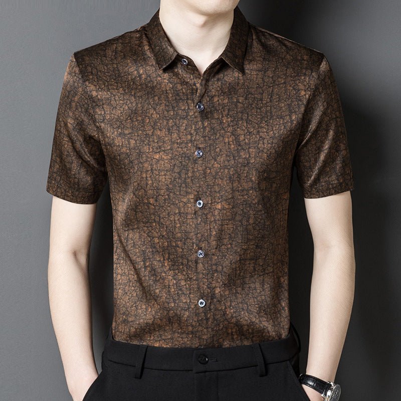 Mens Silk Shirts Short Sleeve Textured Pattern Silk Dress Shirt XS Dark Brown