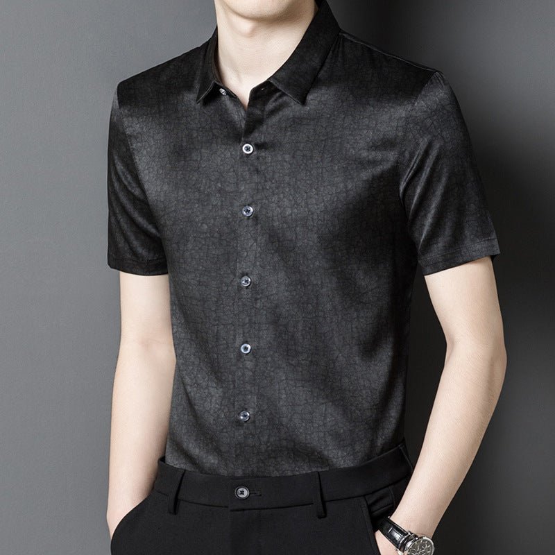 Mens Silk Shirts Short Sleeve Textured Pattern Silk Dress Shirt XS Black