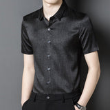 Mens Silk Shirts Short Sleeve Textured Pattern Silk Dress Shirt XS Black
