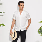 Men's Silk T-Shirt Casual Short Sleeve Silk Beach Shirt White XS