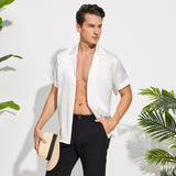 Men's Silk T-Shirt Casual Short Sleeve Silk Beach Shirt Black XS