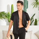 Men's Silk T-Shirt Casual Short Sleeve Silk Beach Shirt Black XS