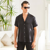 Men's Silk T-Shirt Casual Short Sleeve Silk Beach Shirt Black XS