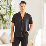 Men's Silk T-Shirt Casual Short Sleeve Silk Beach Shirt Black XS