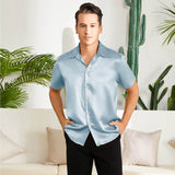 Men's Silk T-Shirt Luxury Button Down Silk Short Dress Shirt Haze Blue XS