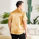 Men's Silk T-Shirt Luxury Button Down Silk Short Dress Shirt Gold XS