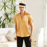 Men's Silk T-Shirt Luxury Button Down Silk Short Dress Shirt Gold XS