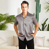 Men's Silk T-Shirt Luxury Button Down Silk Short Dress Shirt Dark Gray XS