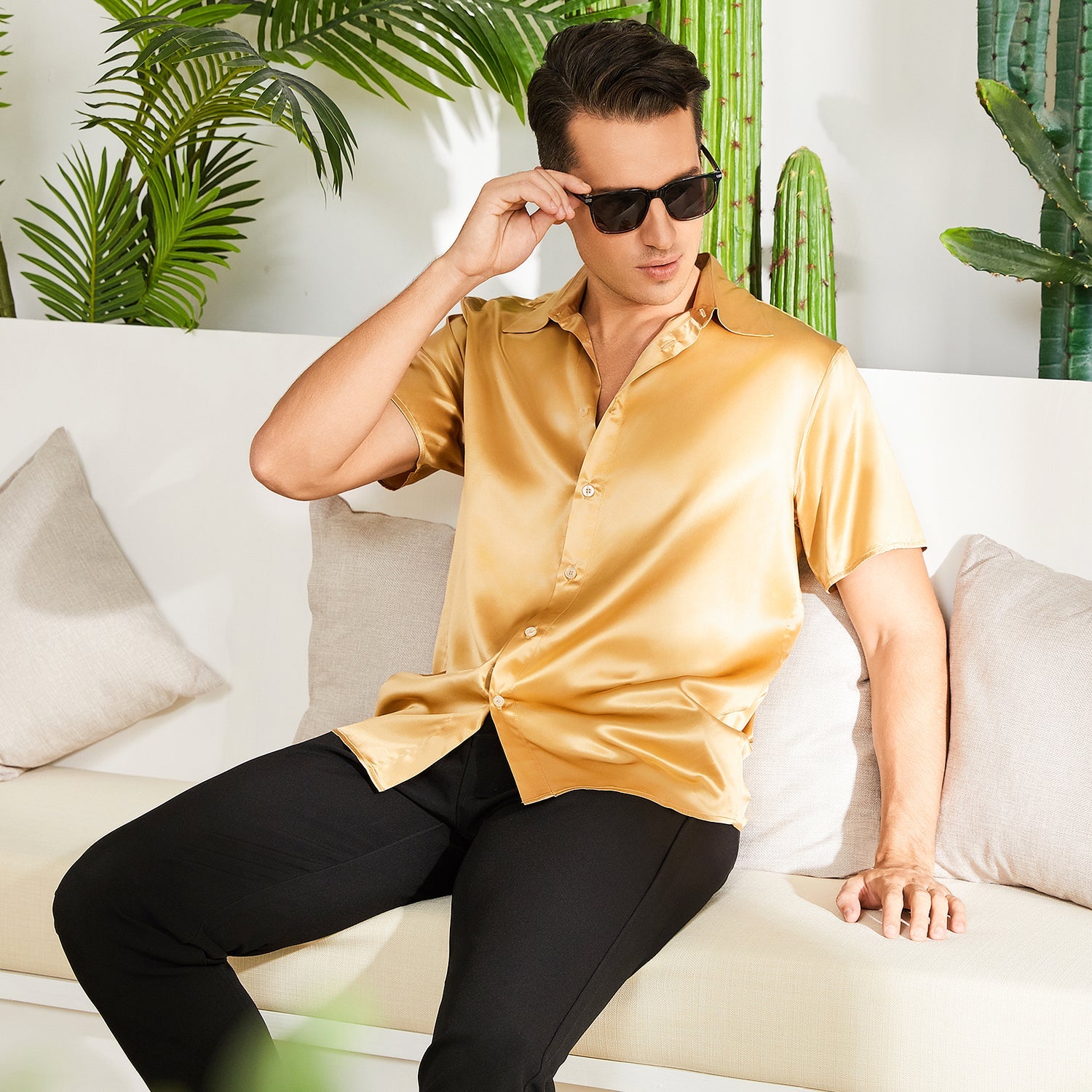 Men's Silk T-Shirt Luxury Button Down Silk Short Dress Shirt Gold XS