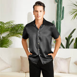 Men's Silk T-Shirt Luxury Button Down Silk Short Dress Shirt Black XS