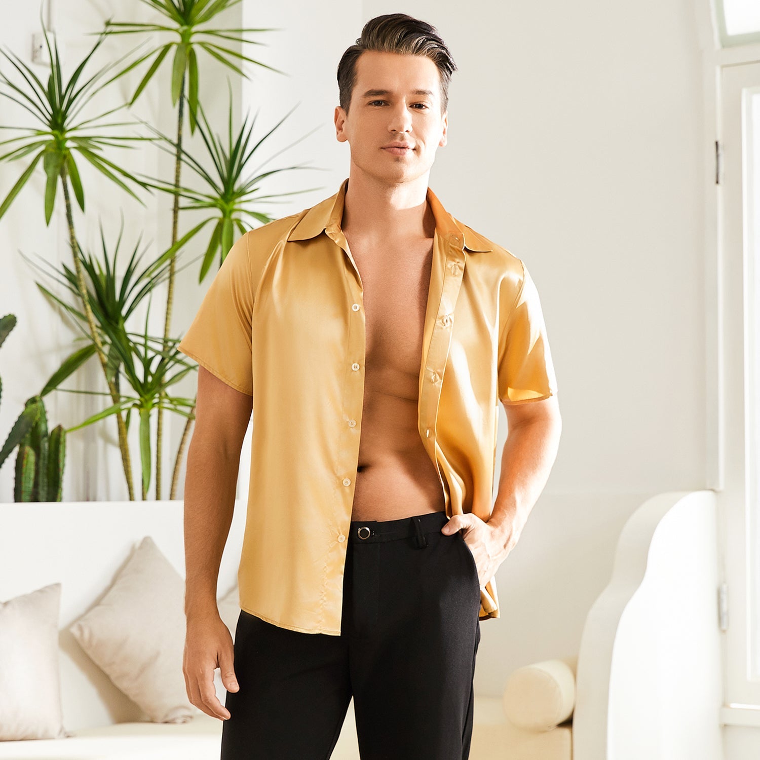 Men's Silk T-Shirt Luxury Button Down Silk Short Dress Shirt Gold XS