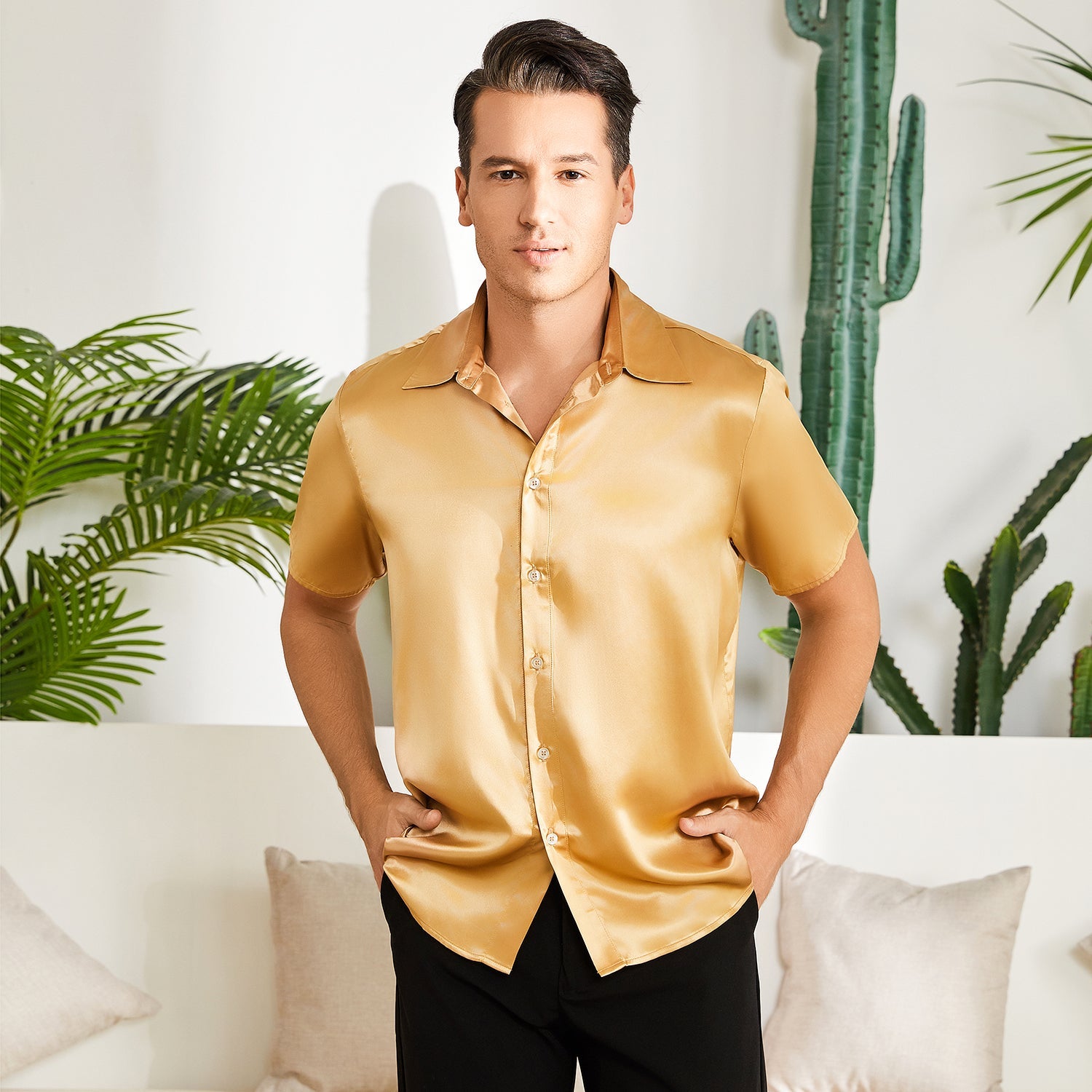 Men's Silk T-Shirt Luxury Button Down Silk Short Dress Shirt Gold XS