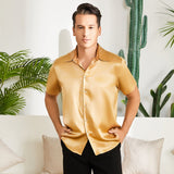 Men's Silk T-Shirt Luxury Button Down Silk Short Dress Shirt Gold XS