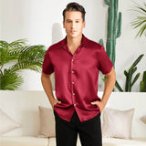 Men's Silk T-Shirt Luxury Button Down Silk Short Dress Shirt Claret XS