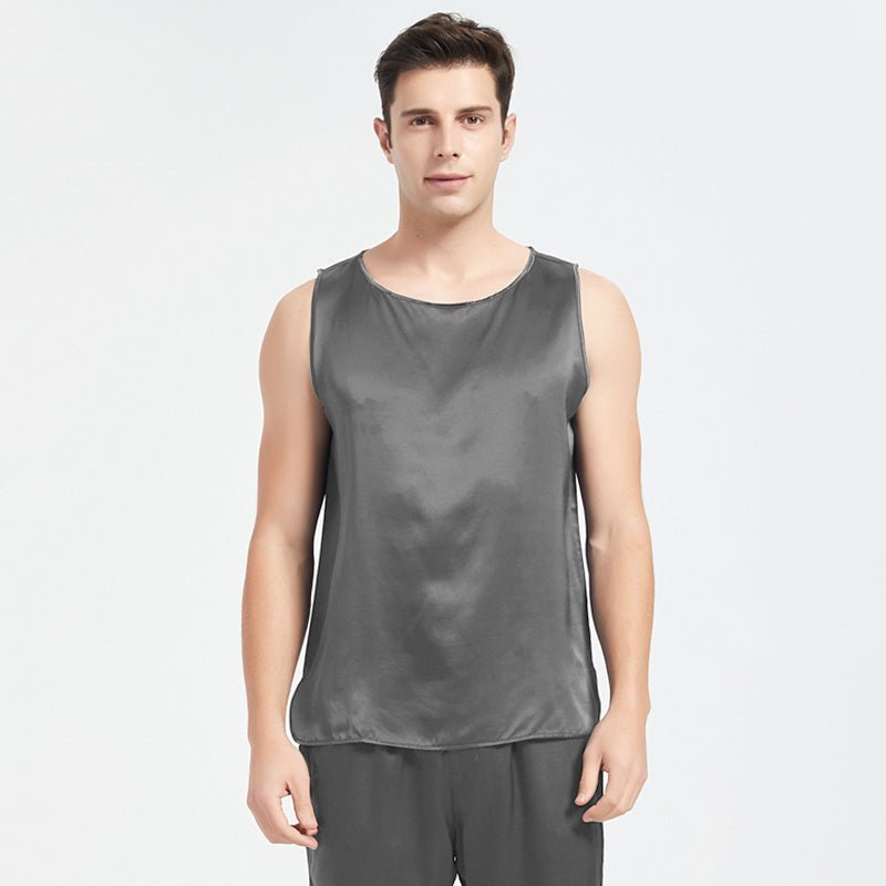 Mens Silk Tank Top Set Sleeveless Short Silk Pajamas Set Dark Gray XS