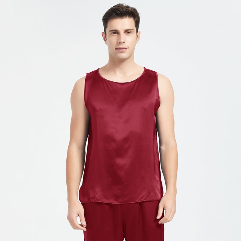 Mens Silk Tank Top Set Sleeveless Short Silk Pajamas Set Claret XS