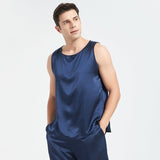 Mens Silk Tank Top Set Sleeveless Short Silk Pajamas Set Navy Blue XS