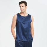 Mens Silk Tank Top Set Sleeveless Short Silk Pajamas Set Navy Blue XS