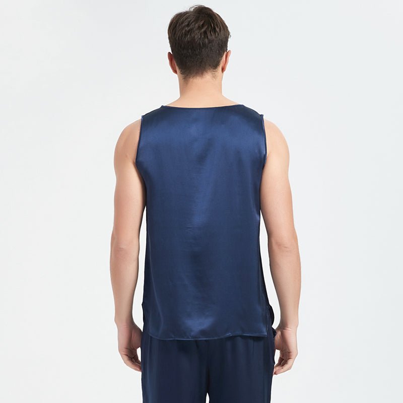 Mens Silk Tank Top Set Sleeveless Short Silk Pajamas Set Navy Blue XS