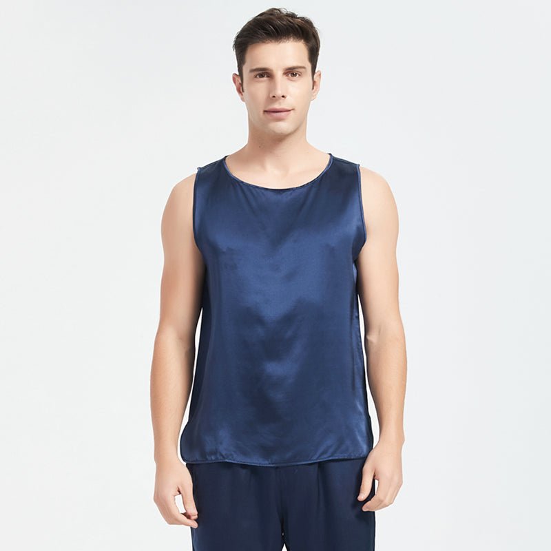 Mens Silk Tank Top Set Sleeveless Short Silk Pajamas Set Navy Blue XS