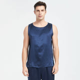 Mens Silk Tank Top Set Sleeveless Short Silk Pajamas Set Navy Blue XS