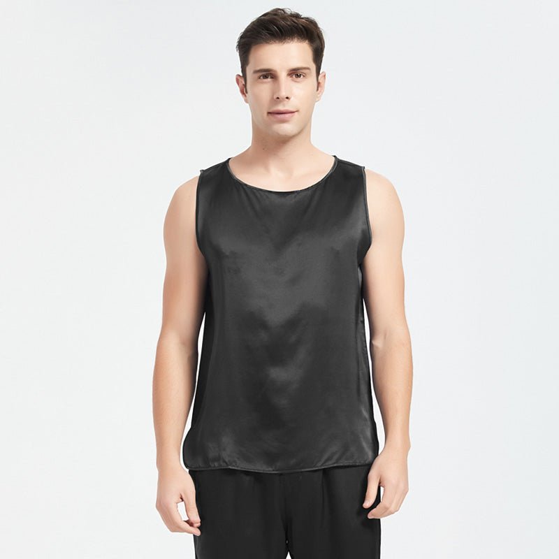 Mens Silk Tank Top Set Sleeveless Short Silk Pajamas Set Black XS