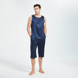 Mens Silk Tank Top Set Sleeveless Short Silk Pajamas Set Navy Blue XS