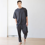 Men's Crew Neck Silk Pajama Set Short Sleeves Silk Pajamas Dark Gray S