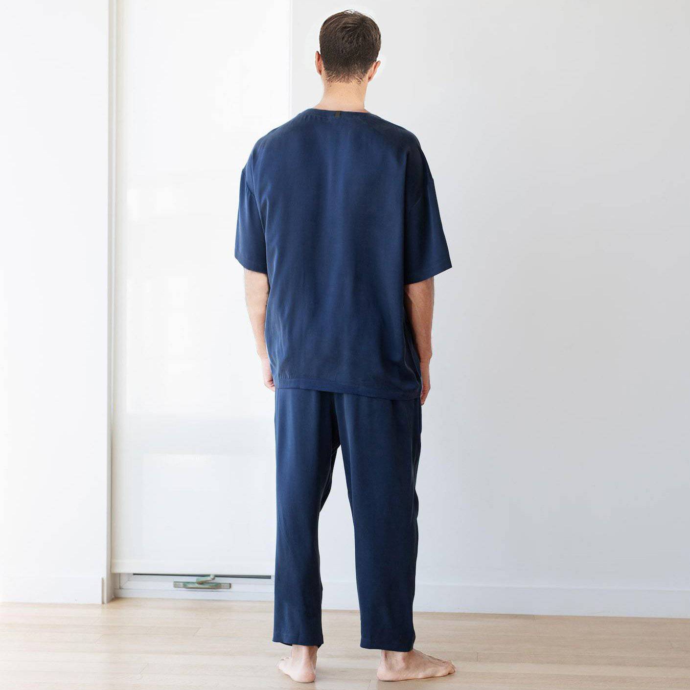 Men's Crew Neck Silk Pajama Set Short Sleeves Silk Pajamas Navy Blue S