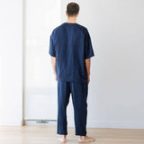 Men's Crew Neck Silk Pajama Set Short Sleeves Silk Pajamas Navy Blue S