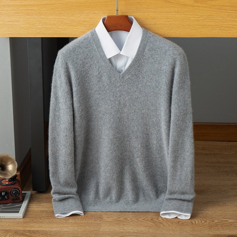 Mens V Neck Cashmere Sweater Long Sleeve Ribbed Hem Sweatershirt Gray XS