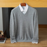 Mens V Neck Cashmere Sweater Long Sleeve Ribbed Hem Sweatershirt Gray XS