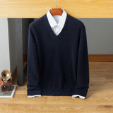 Mens V Neck Cashmere Sweater Long Sleeve Ribbed Hem Sweatershirt Navy Blue XS