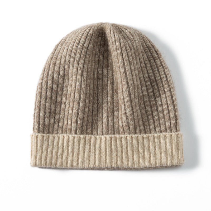 Pure Cashmere Ribbed Knit Beanie Hat Two - Tone Cashmere Winter Hat Taupe M