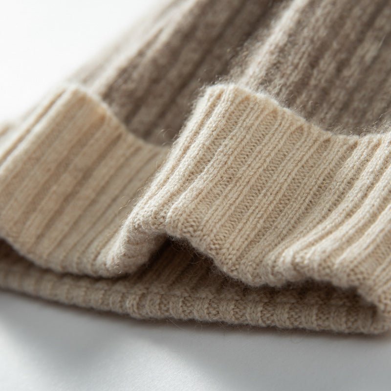 Pure Cashmere Ribbed Knit Beanie Hat Two - Tone Cashmere Winter Hat Taupe M