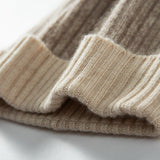 Pure Cashmere Ribbed Knit Beanie Hat Two - Tone Cashmere Winter Hat Taupe M