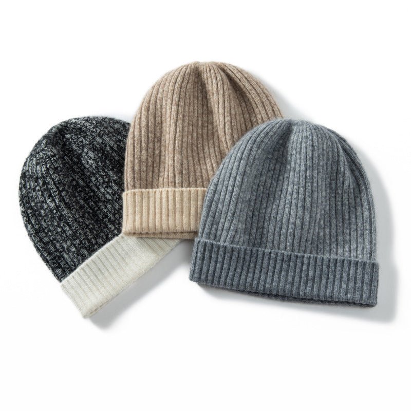 Pure Cashmere Ribbed Knit Beanie Hat Two - Tone Cashmere Winter Hat Gray M