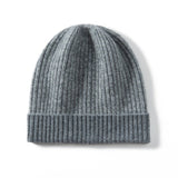 Pure Cashmere Ribbed Knit Beanie Hat Two - Tone Cashmere Winter Hat Gray M