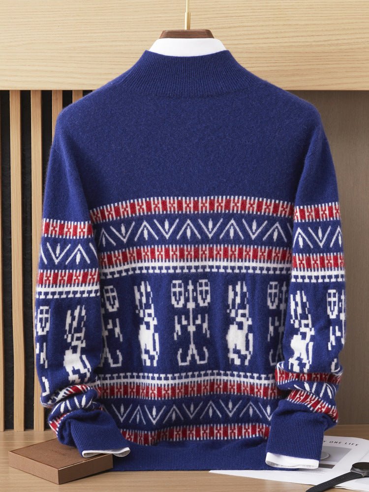 Mens Nordic Pattern Cashmere Sweater Mock Neck Long Sleeve Warm Knit Blue XS