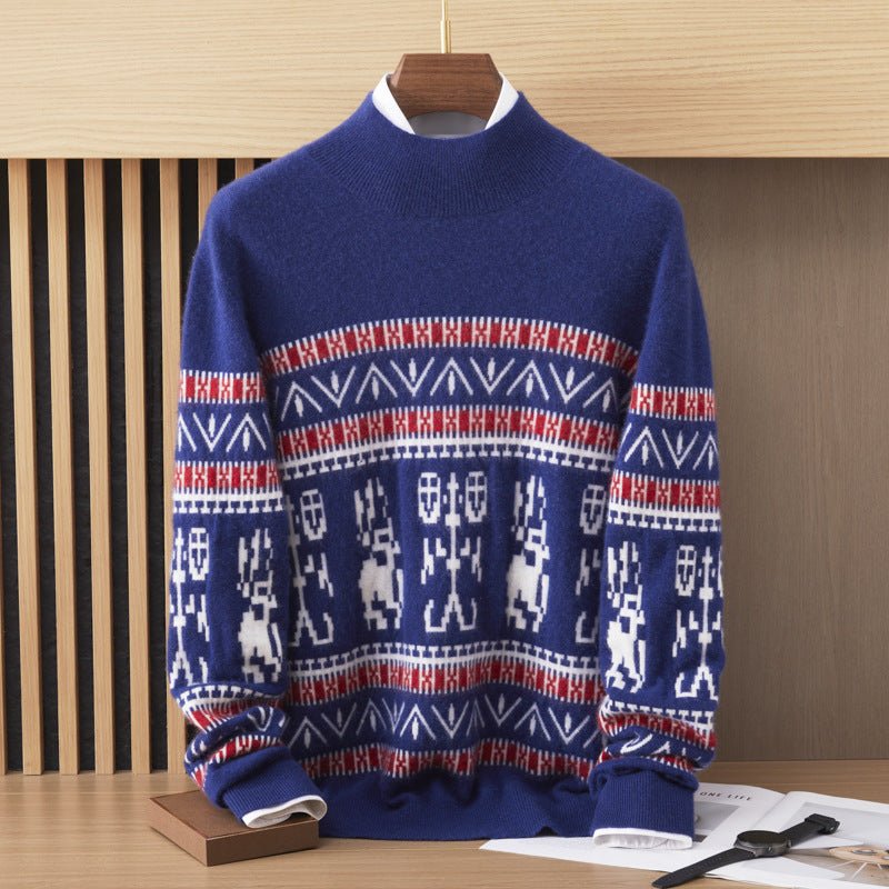 Mens Nordic Pattern Cashmere Sweater Mock Neck Long Sleeve Warm Knit Blue XS