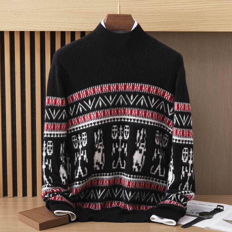 Mens Nordic Pattern Cashmere Sweater Mock Neck Long Sleeve Warm Knit Black XS