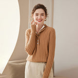 Womens Mock Neck Cashmere Sweater Ribbed Knit Cashmere Pullover Tops Brown XS