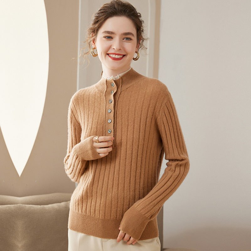 Womens Mock Neck Cashmere Sweater Ribbed Knit Cashmere Pullover Tops Brown XS