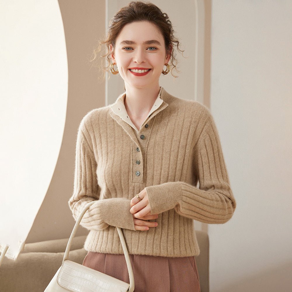 Womens Mock Neck Cashmere Sweater Ribbed Knit Cashmere Pullover Tops Beige XS