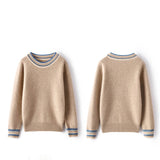 Ladies Colorful Striped Trim Crew Neck Cashmere Sweater Beige XS