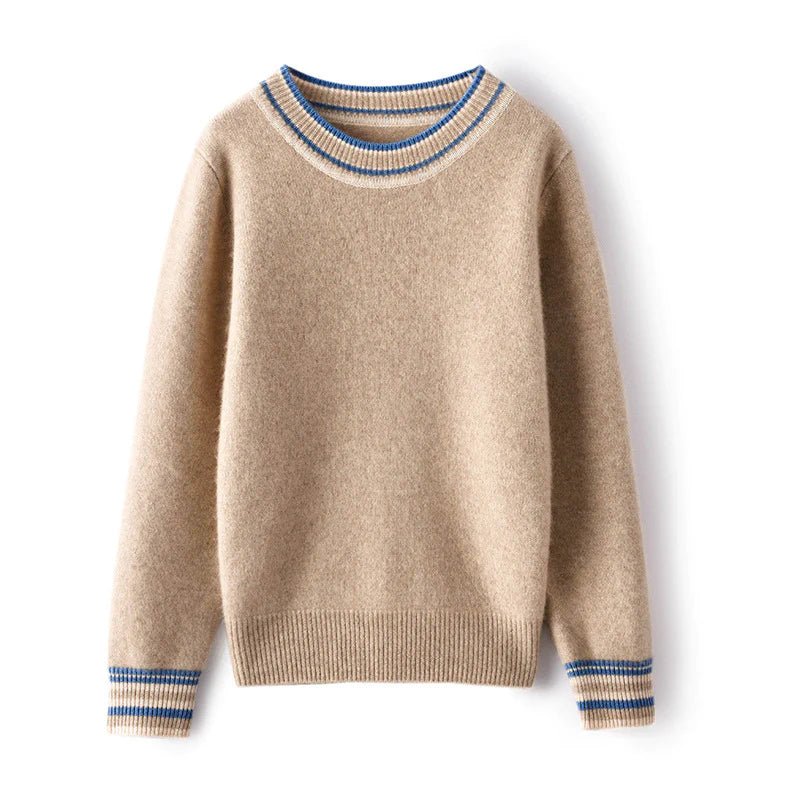 Ladies Colorful Striped Trim Crew Neck Cashmere Sweater Beige XS