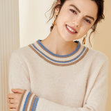 Ladies Colorful Striped Trim Crew Neck Cashmere Sweater Ivory XS