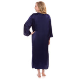 Women Loose Pullover Silk Nightwear Long Silk Dressing Gown Navy Blue XS